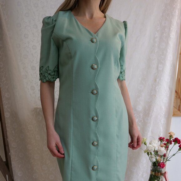 Vintage 1980s Mint Sage Green Linen Dress Button Front Retro 80s Thrift Dresses - Picture 1 of 12